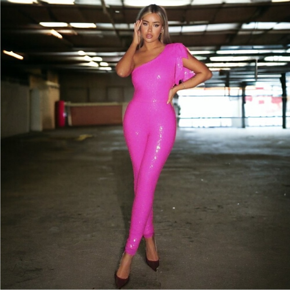 Fashion Nova Hot Pink Sequin One Shoulder Jumpsuit Size Large